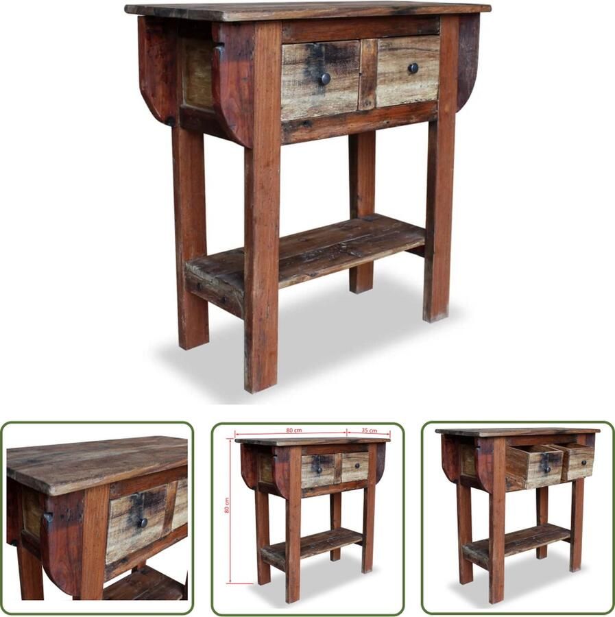 The Living Store Wandtafel Massief gerecycled hout 80 x 35 x 80 cm 2 lades en 1 schap Wandtafel Salontafel Bijzetkast Rustic Industrieel - Foto 2