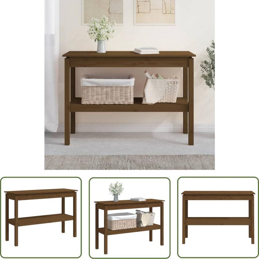 The Living Store Wandtafel Massief Grenenhout Honingbruin 110 x 40 x 75 cm Stabiel frame en extra opbergruimte Wandtafel Salontafel Bijzet Tafeltje Grenoble Hout Bruine Kleuren - Foto 2