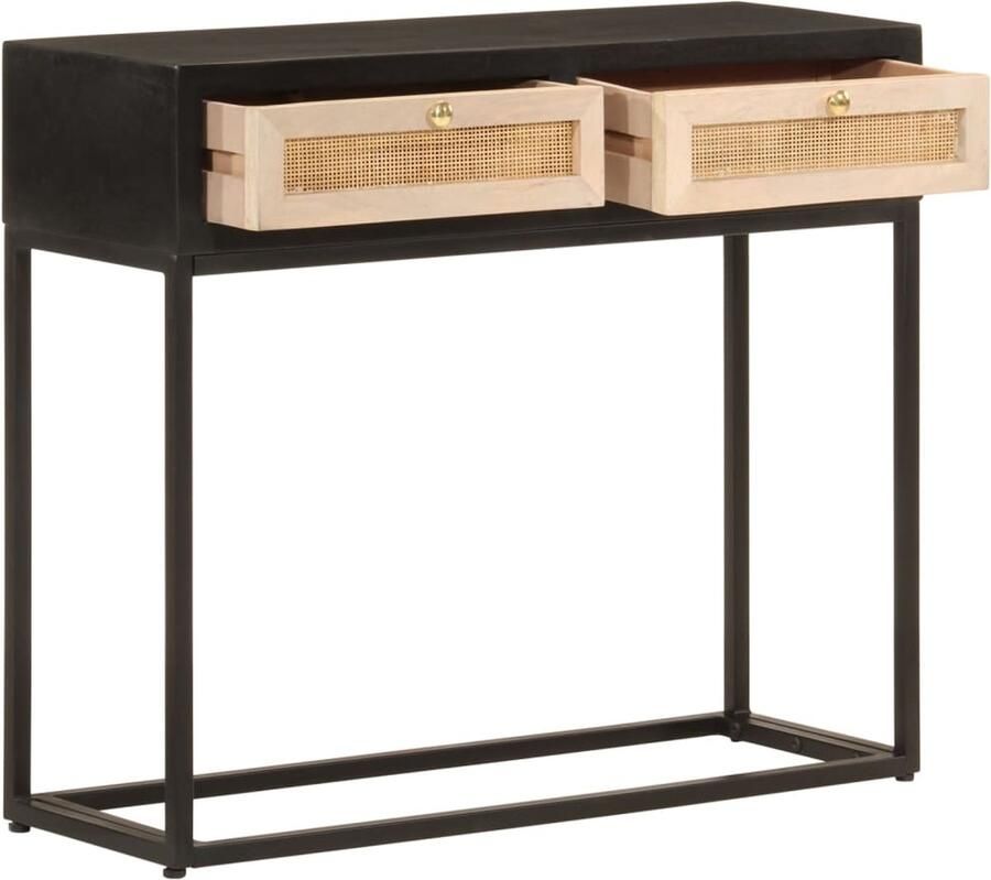 The Living Store Wandtafel 90x30x76 cm massief mangohout en ijzer zwart Wandtafel Mangohouten Tafel Zwarte Wandtafel Salontafel Opbergkast - Foto 3