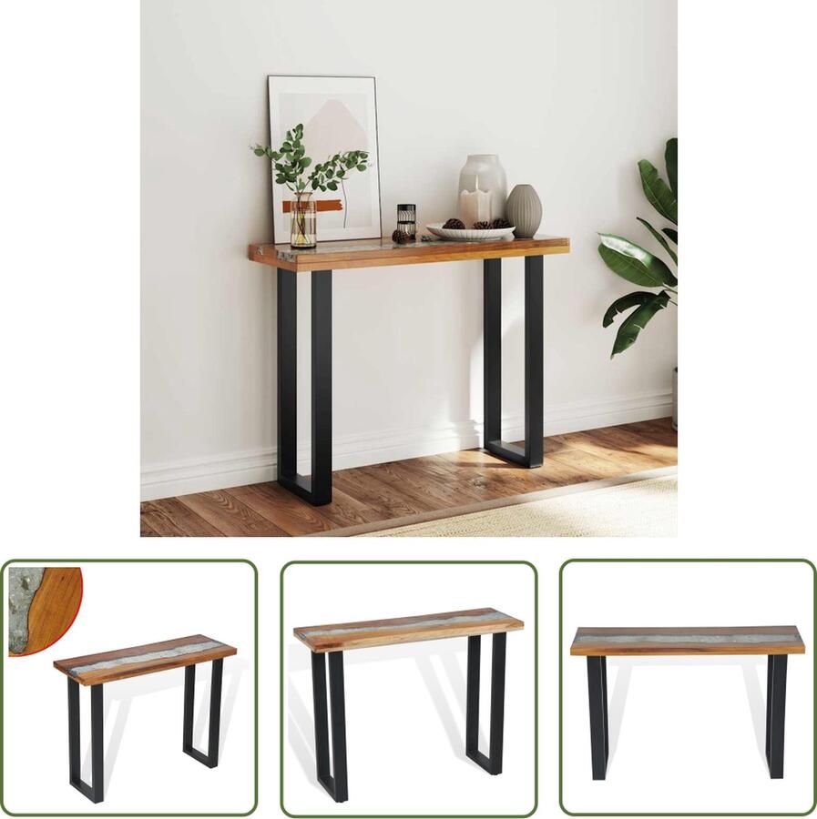 The Living Store Wandtafel Tafel 100 x 35 x 75 cm Teakhout met glas en hars inleg Wandtafel Teak Industriële Tafel Houten Tafel Salontafel - Foto 2