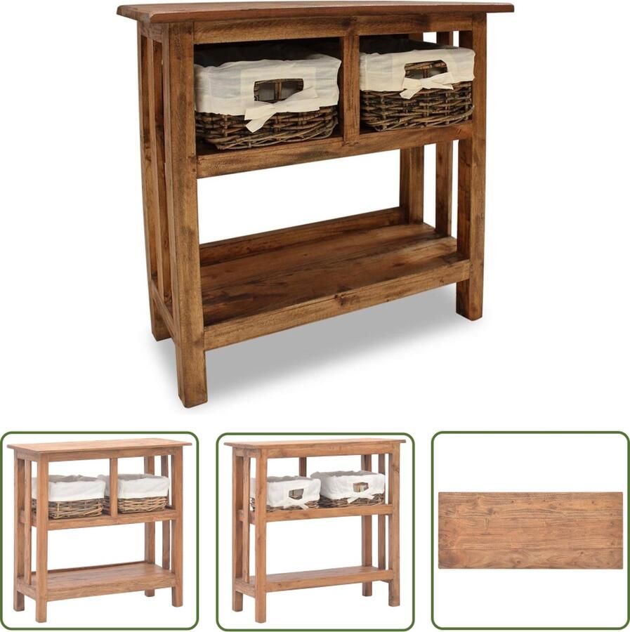 The Living Store Wandtafel Vintage Gerecycled Hout 69x28x70cm Met Rattan Manden Wandtafel Vintage Meubilair Retro Design Industriële Stijl Salontafel - Foto 2