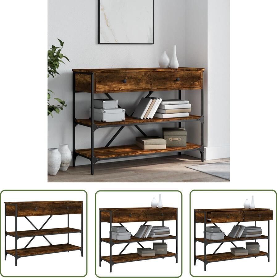 The Living Store Wandtafel Vintage Gerookt Eiken 100x34.5x75cm Stevig Stalen Frame Wandtafel Vintage Salontafel Bijzetkast Houten Kast Bruine Kast - Foto 2