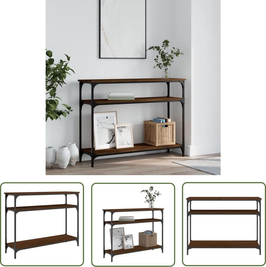 The Living Store Wandtafel Wandkast 100 x 29 x 75 cm Duurzaam bruineiken hout en metaal Wandtafel Consoletafel Houten Kast Bergruimte Industrieel Design - Foto 2