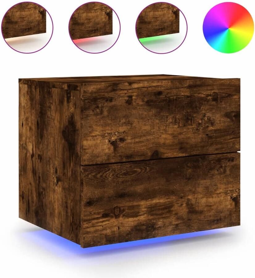 The Living Store Nachtkastje met LED's wandgemonteerd gerookt eikenkleurig Wandgemonteerd Nachtkastje Wandgemonteerde Nachtkastjes Nachtkastje Zwevend Nachtkastje - Foto 4