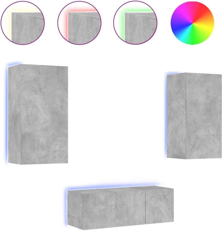 The Living Store 4-delige Tv-wandmeubelset met LED bewerkt hout betongrijs Tv-kast Tv-meubel Wandmeubel Led Verlichting Beton Grijs - Foto 3