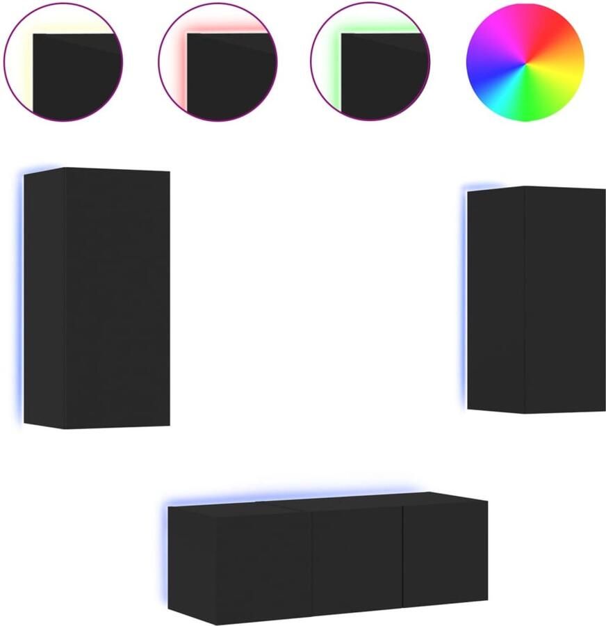 The Living Store 7-delige tv-wandmeubelset met LED bewerkt hout zwart Tv-wandmeubel Tv-wandmeubels Tv-meubel Televisiemeubel - Foto 2