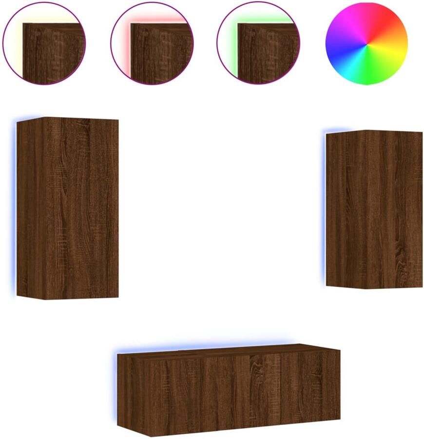 The Living Store 4-delige Tv-wandmeubelset met LED bewerkt hout bruineikenkleur Tv-wandmeubel Tv-wandmeubels Tv-meubel Televisiemeubel - Foto 2