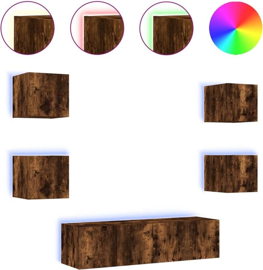 The Living Store 6-delige tv-wandmeubelset met LED bewerkt hout gerookt eiken Tv-kast Tv-meubel Wandmontage Bewerkt Hout Gerookt Eiken - Foto 2