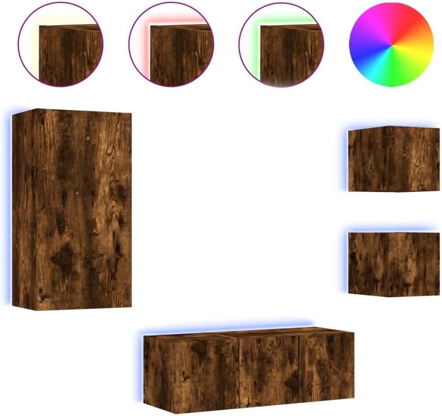 The Living Store 5-delige tv-wandmeubelset met LED bewerkt hout gerookt eiken Tv Meubel Wandmontage Led Verlichting Rgb Licht Houten Tv Kast - Foto 3