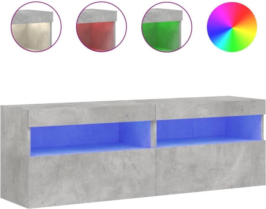 The Living Store Tv-wandmeubels met LED 2 st 60x30x40 cm betongrijs Tv-wandmeubel Tv-kast Led Verlichting Rgb Verlichting Houten Tv-standaard - Foto 3