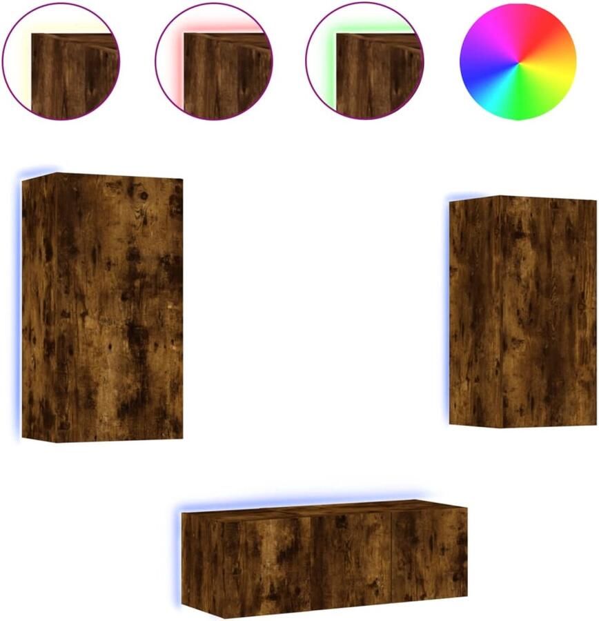 The Living Store 8-delige tv-wandmeubelset met LED bewerkt hout gerookt eiken Tv-kast Wandmontage Led Verlichting Rustieke Meubelen Houten Kast - Foto 2