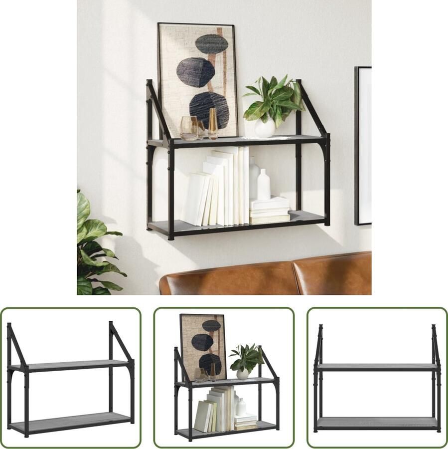 The Living Store Wandrek 2-laags 60x21x51 cm bewerkt hout grijs sonoma Wandrek Zwevend Wandrek Houten Wandrek Grijze Wandrek Salontafel - Foto 2