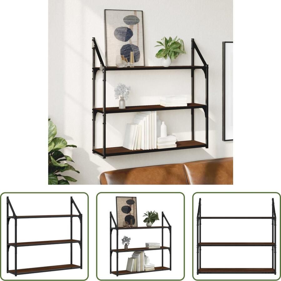 The Living Store Wandrek 3-laags 80x21x78 5 cm bewerkt hout bruin eikenkleur Zwevend Wandrek Wandplanken Houten Wandrek Bergruimte Opbergkast
