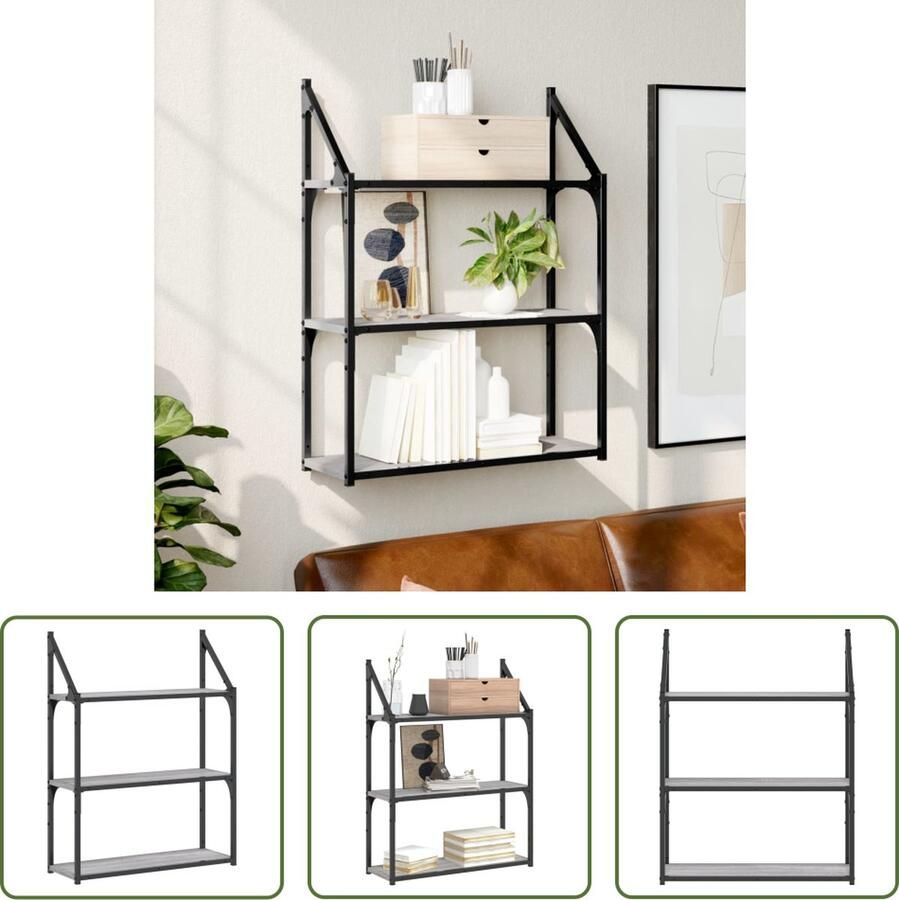 VidaXL The Living Store Wandrek 3-laags 60x21x78 5 cm bewerkt hout grijs sonoma Wandrek Zwevend Wandrek Houten Wandrek Grijze Wandrek Sonomaneik