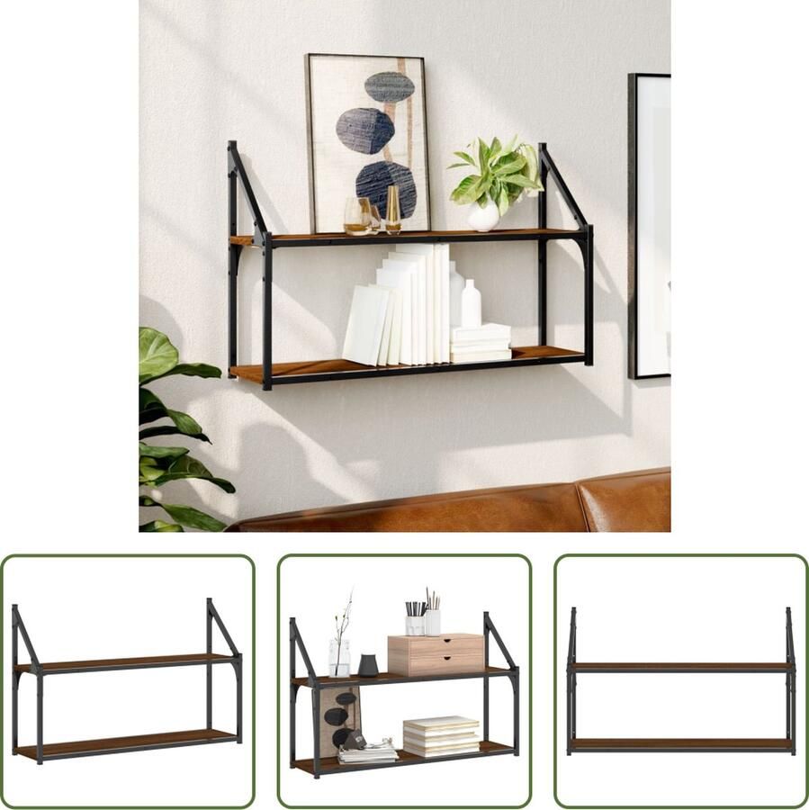 The Living Store Wandrek 2-laags 80x21x51 cm bewerkt hout bruin eikenkleur Wandrek Houten Wandrek Zwevend Wandrek Bergruimte Opbergoplossing