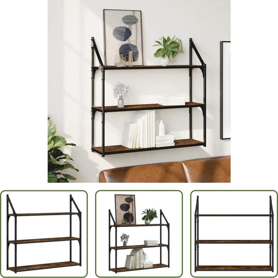 VidaXL Houten Wandrek 3-laags 80x21x78 5 cm bewerkt hout gerookt eikenkleurig Bruine Wandrek Vintage Wandrek Bergruimte - Foto 2