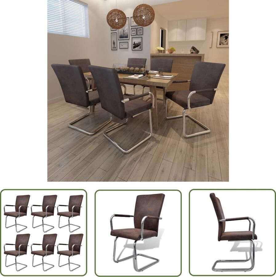 The Living Store Zwevende Eetkamerstoelen Set van 6 Bruin 52 x 54 x 92 cm Luchtleren bekleding - Foto 2