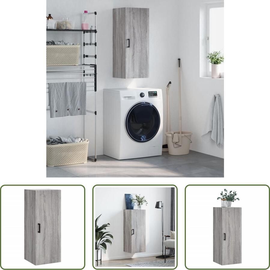 The Living Store Hangkast 34 5x34x90 cm grijs sonoma eikenkleurig Zwevende Kast Wandkast Opbergkast Houten Kast Grijze Kast