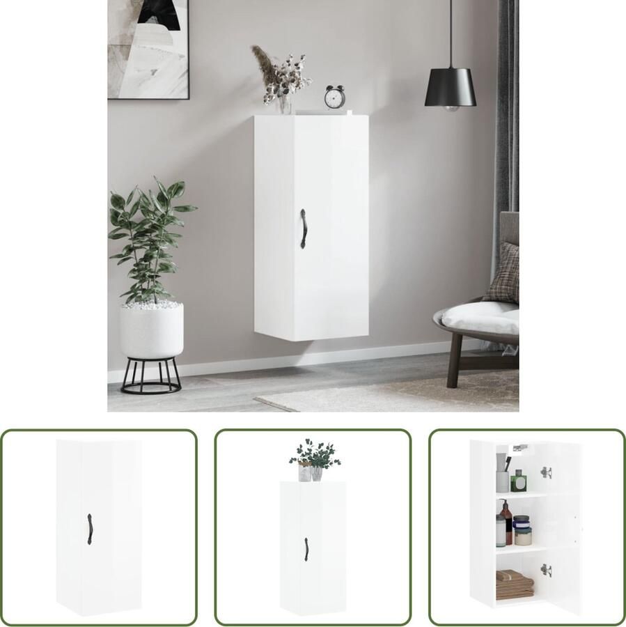 The Living Store Wandkast 34 5x34x90 cm bewerkt hout hoogglans wit Zwevende Kast Wandkast Opbergkast Keukenopstelling Badkamermeubilair