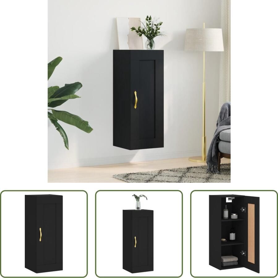 The Living Store Wandkast 34 5x34x90 cm bewerkt hout zwart Zwevende Opbergkast Wandkast Zwarte Kast Houten Kast Opbergruimte