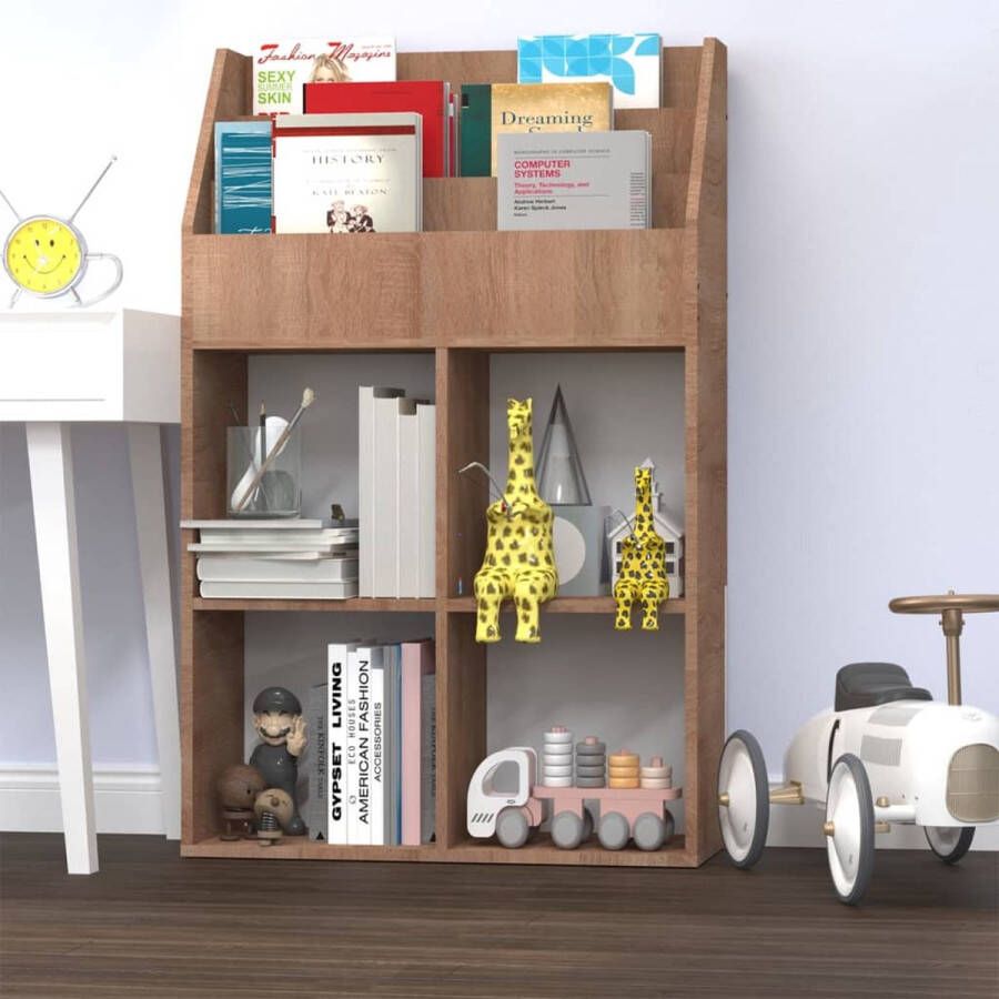 The Living Store Tijdschriftenrek Kinderen Boekenkast voor Favoriete Boeken 3 vakken 4 grote open vakken Duurzaam Sonoma Eiken 71x30x114cm