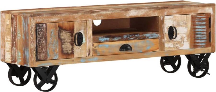 The Living Store TV-kast gerecycled hout retro look 110 x 30 x 37 cm met wielen - Foto 2