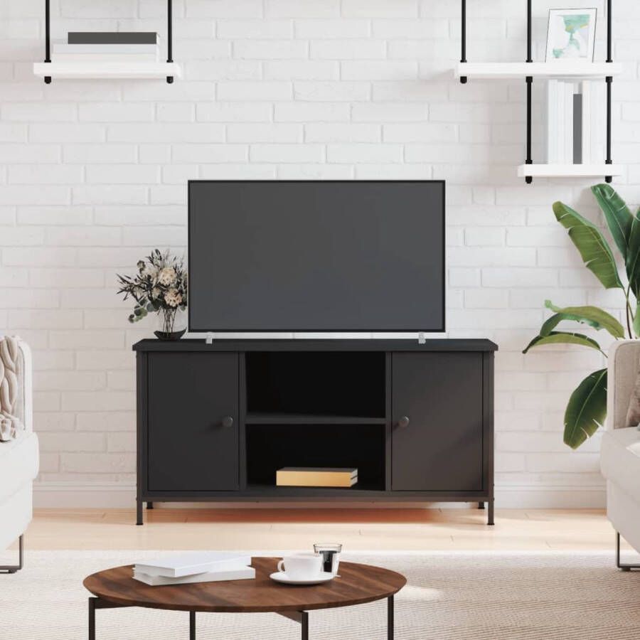 The Living Store TV-kast Zwart 100x40x50 cm 2 vakken 2 schappen duurzaam hout en ijzer industrieel design - Foto 2