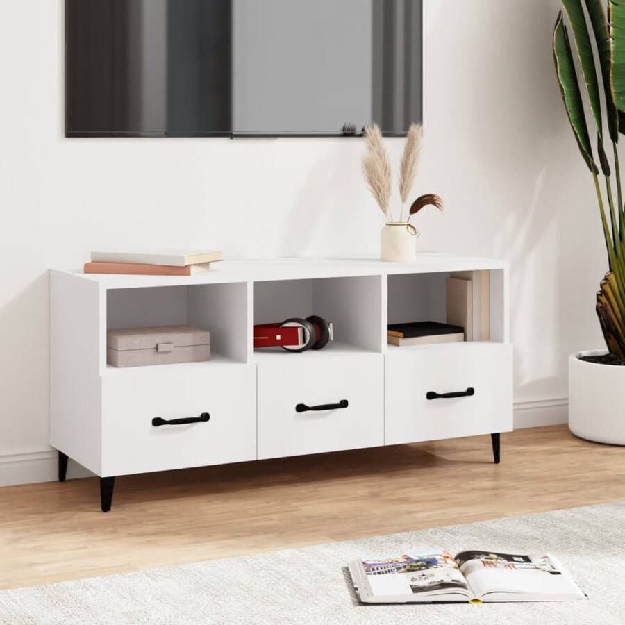 The Living Store TV-meubel Modern Wit 102x35x50 cm Bewerkt hout ijzer - Foto 2