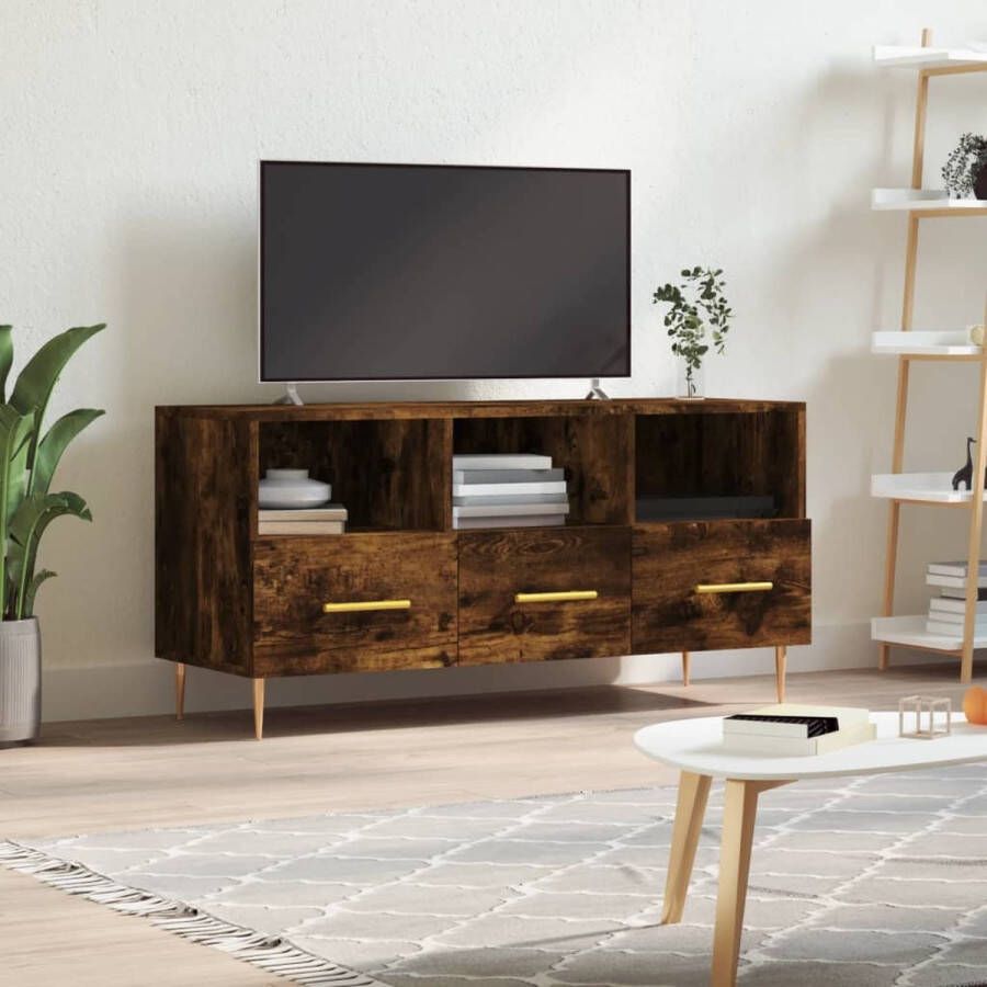 The Living Store TV-meubel Gerookt eiken 102 x 36 x 50 cm Bewerkt hout en ijzer - Foto 3