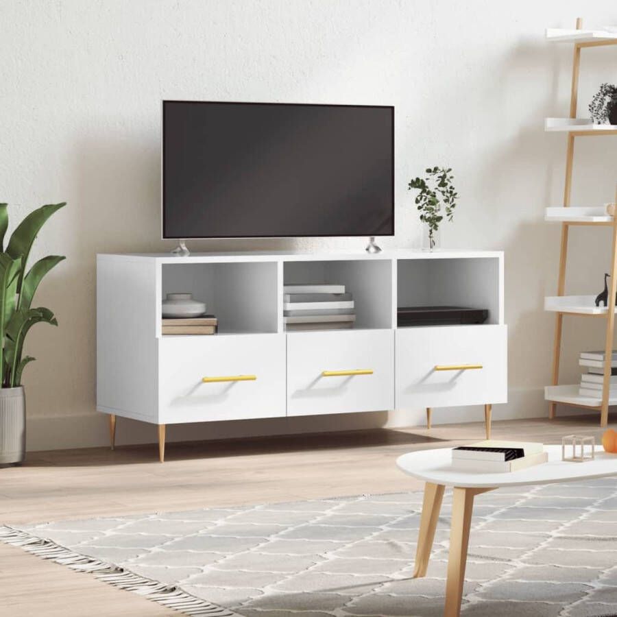 The Living Store TV-meubel hoogglans wit bewerkt hout ijzer 102 x 36 x 50 cm opberger - Foto 5
