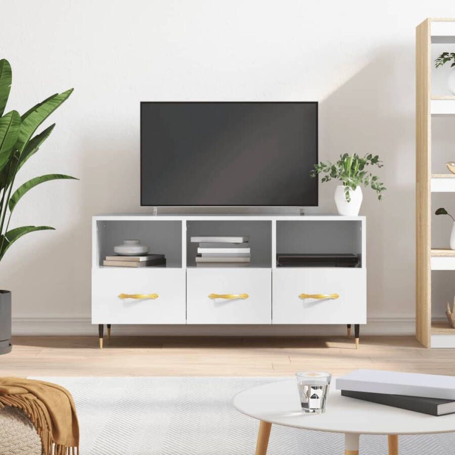 The Living Store TV-meubel hoogglans wit bewerkt hout ijzer 102 x 36 x 50 cm opberger - Foto 3