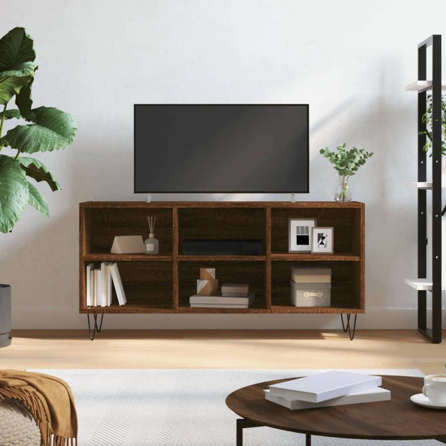 The Living Store Tv-meubel Bruineiken 103.5 x 30 x 50 cm opbergruimte stabiel tafelblad ijzeren poten - Foto 4