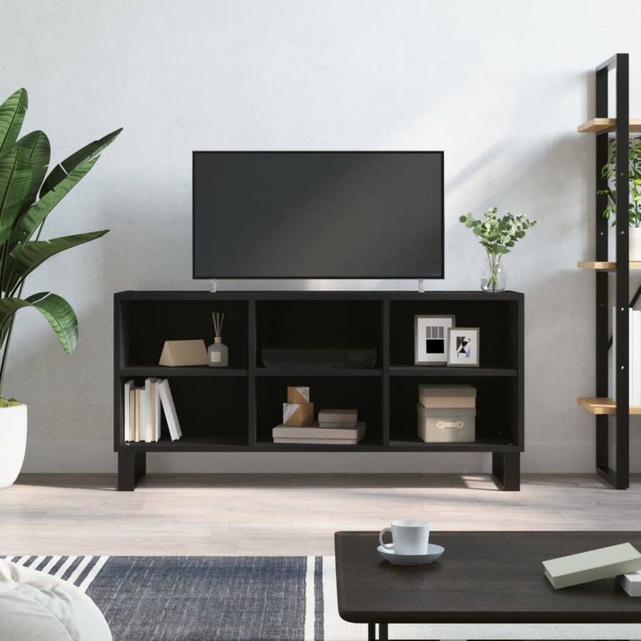 The Living Store TV-meubel Zwarte bewerkt houten tv-kast 103.5 x 30 x 50 cm met veel opbergruimte - Foto 2
