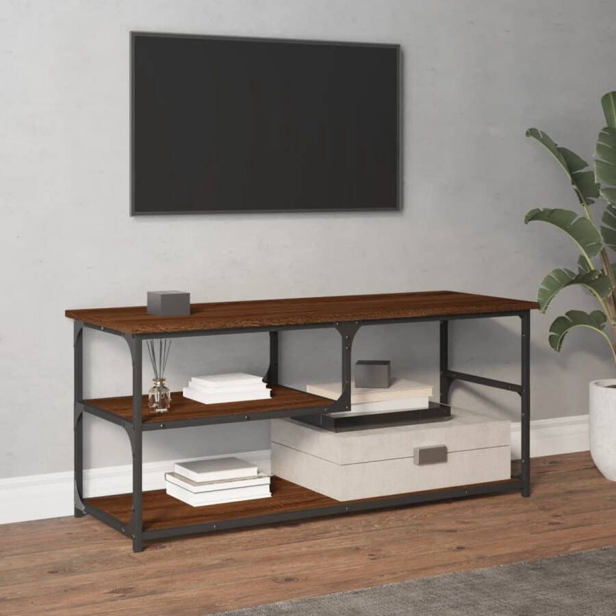 The Living Store Tv-meubel 103x38x46-5 cm bewerkt hout staal bruineikenkleurig Kast - Foto 2