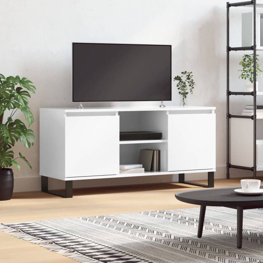 The Living Store TV-meubel hoogglans wit 104 x 35 x 50 cm bewerkt hout en ijzer - Foto 2