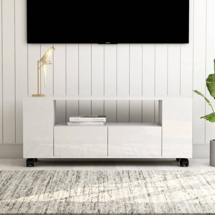 The Living Store Tv-meubel 120x35x48 cm bewerkt hout hoogglans wit Kast - Foto 2