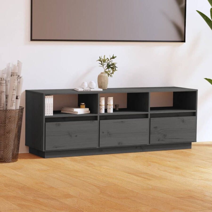 The Living Store Tv-meubel 140x37x50 cm massief grenenhout grijs Kast - Foto 2