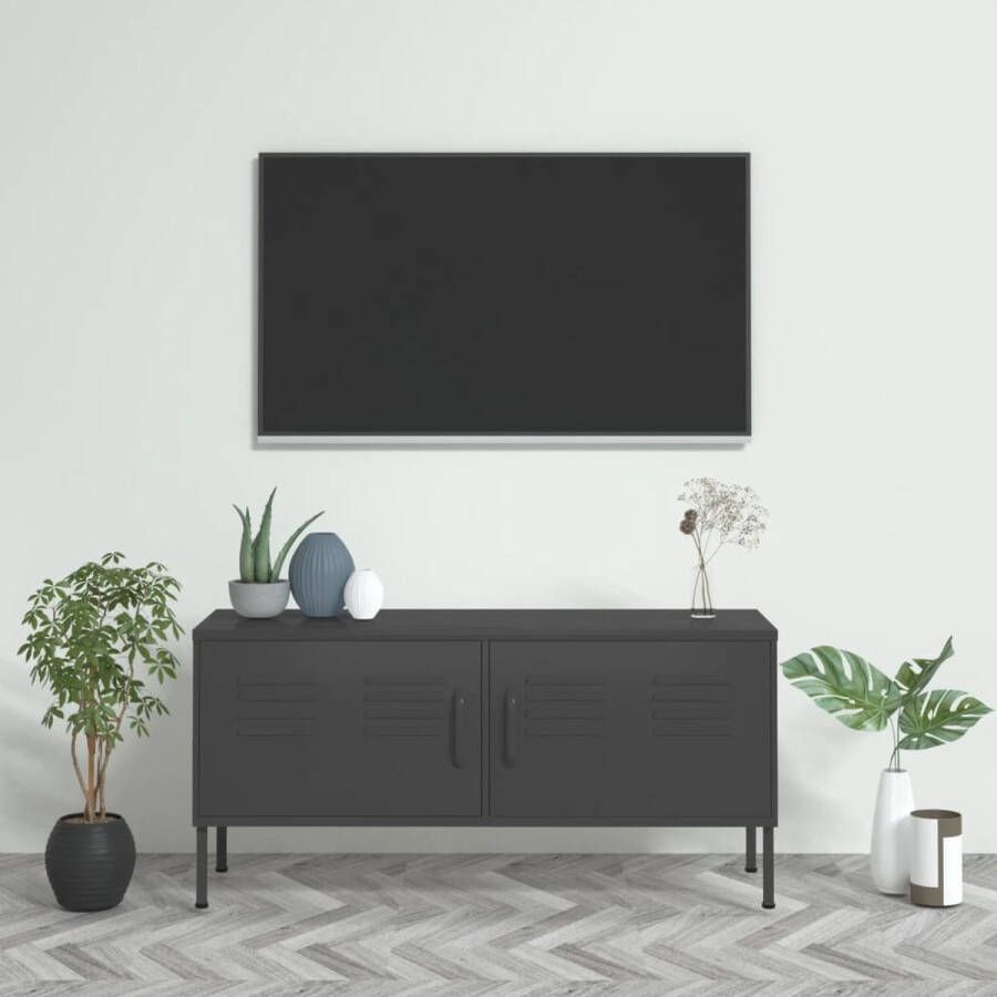 The Living Store TV-meubel Antraciet staal 105 x 35 x 50 cm Verstelbare hoogte 2 deuren 1 schap Max 100 kg - Foto 2