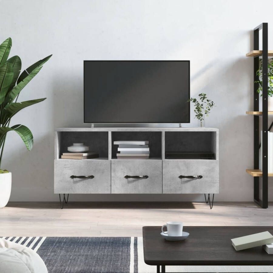 The Living Store TV-meubel Betongrijs 102x36x50 cm Bewerkt hout en ijzer - Foto 2