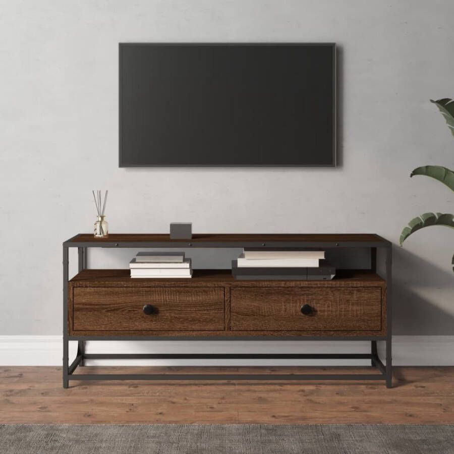 The Living Store TV-meubel Bruineiken 100 x 35 x 45 cm Duurzaam hout 2 lades Stevig blad Metalen voeten - Foto 2