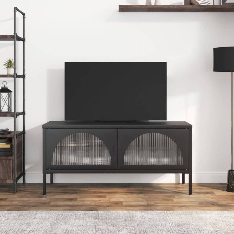 The Living Store TV-meubel Elegant en praktisch 105 x 35 x 50 cm Gepoedercoat staal en glas met geribbeld reliëf - Foto 2