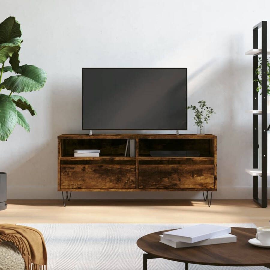 The Living Store Tv-meubel Gerookt Eiken 100 x 34.5 x 44.5 cm Opbergruimte Stabiel tafelblad - Foto 2