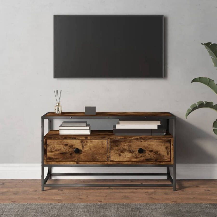 The Living Store TV-meubel Gerookt eiken 80 x 35 x 45 cm Duurzaam 2 lades Metalen voeten - Foto 2