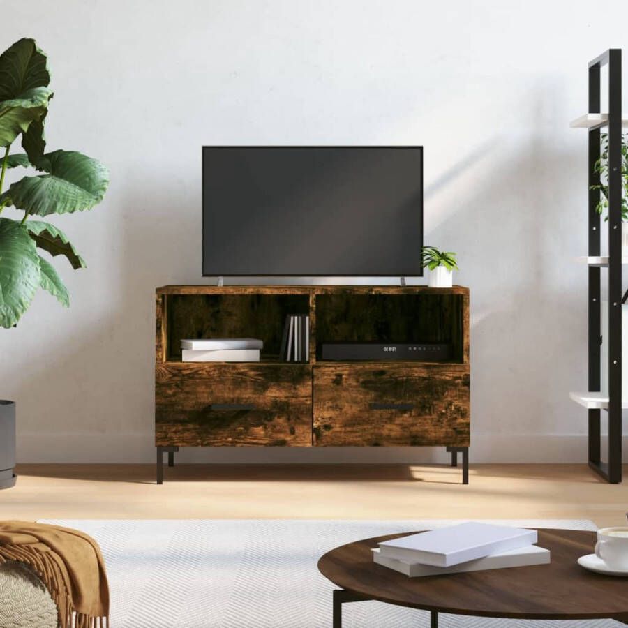 The Living Store Tv-meubel Gerookt Eiken 80 x 36 x 50 cm Bewerkt Hout en IJzer - Foto 2
