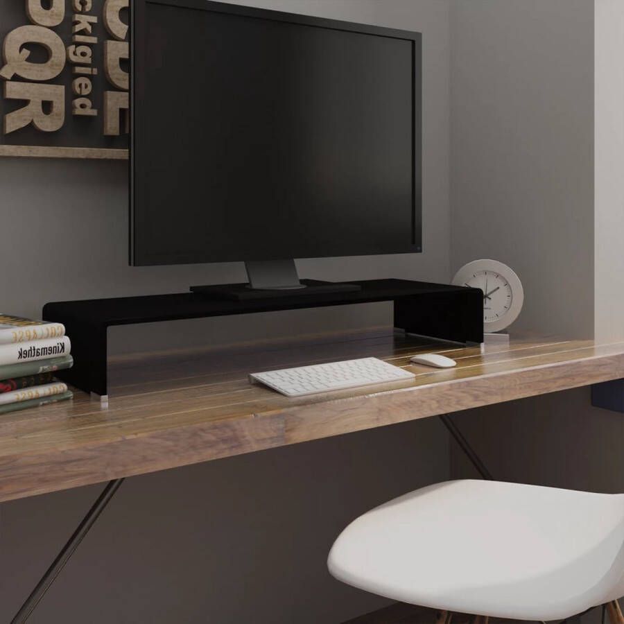 The Living Store TV-meubel glazen constructie moderne uitstraling geschikt voor tv monitor en multimedia apparaten vermindert spanning op nek en rug opbergruimte voor DVD-speler en media-apparatuur zwart 90 x 30 x 13 cm - Foto 2