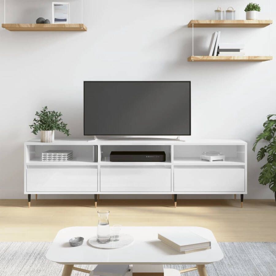 The Living Store Tv-meubel hoogglans wit 150 x 30 x 44.5 cm bewerkt hout en ijzer - Foto 2