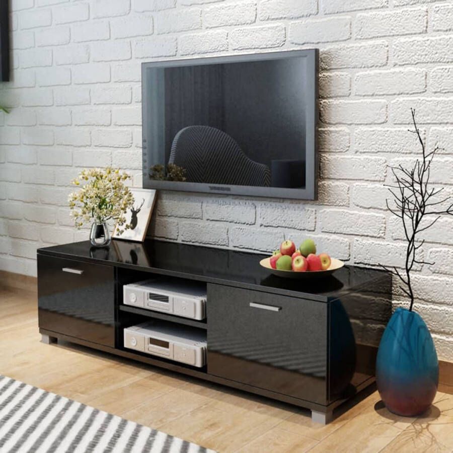 The Living Store TV-meubel hoogglans zwart 140x40.3x34.7cm bewerkt hout en MDF inclusief 2 schappen en 2 vakken met deuren - Foto 2