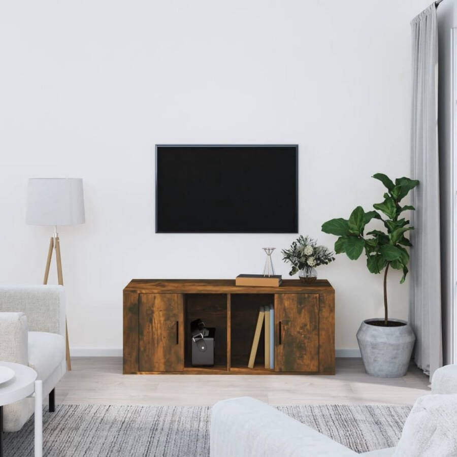 The Living Store TV-meubel Houten televisiekast 100 x 35 x 40 cm gerookt eiken - Foto 2