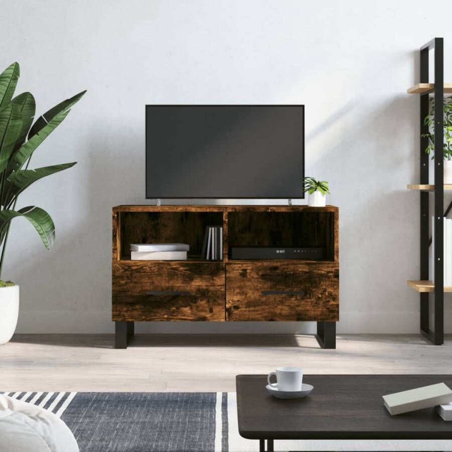 The Living Store TV-meubel Ijzeren poten Gerookt eiken 80 x 36 x 50 cm - Foto 2