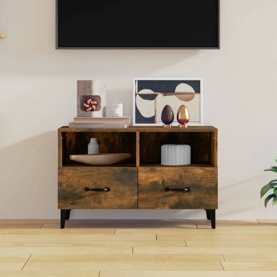 The Living Store Tv-meubel Industrial Gerookt eiken 80x36x50 cm Bewerkt hout Vochtbestendig - Foto 2